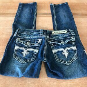 Rock Revival Madison Straight Jean Women 28 Blue Mid Rise Distressed Flap Pocket
